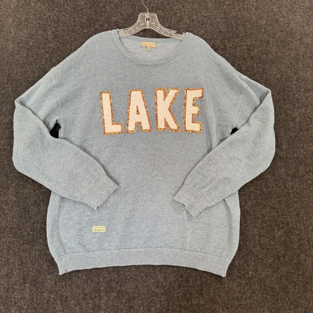 Simply Southern Sweater Womens 2XL Blue LAKE Sequin Knit Crewneck